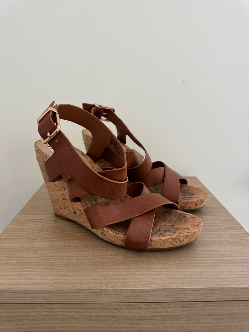 INC International Concepts Brown Leather Cork Wedge Sandals with Gold Buckles - Picture 2 of 3